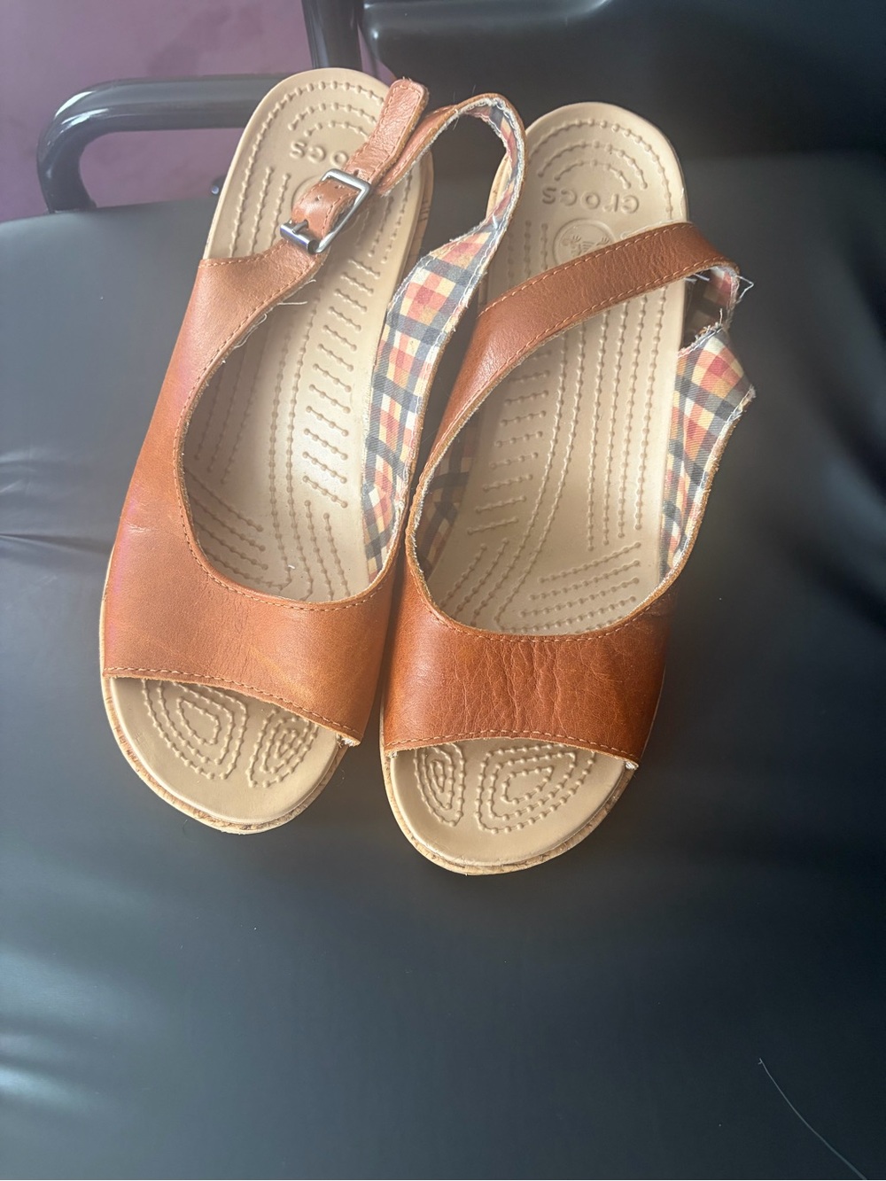 CROCS Women's Brown Open-Toe Slingback Sandals with Plaid Lining